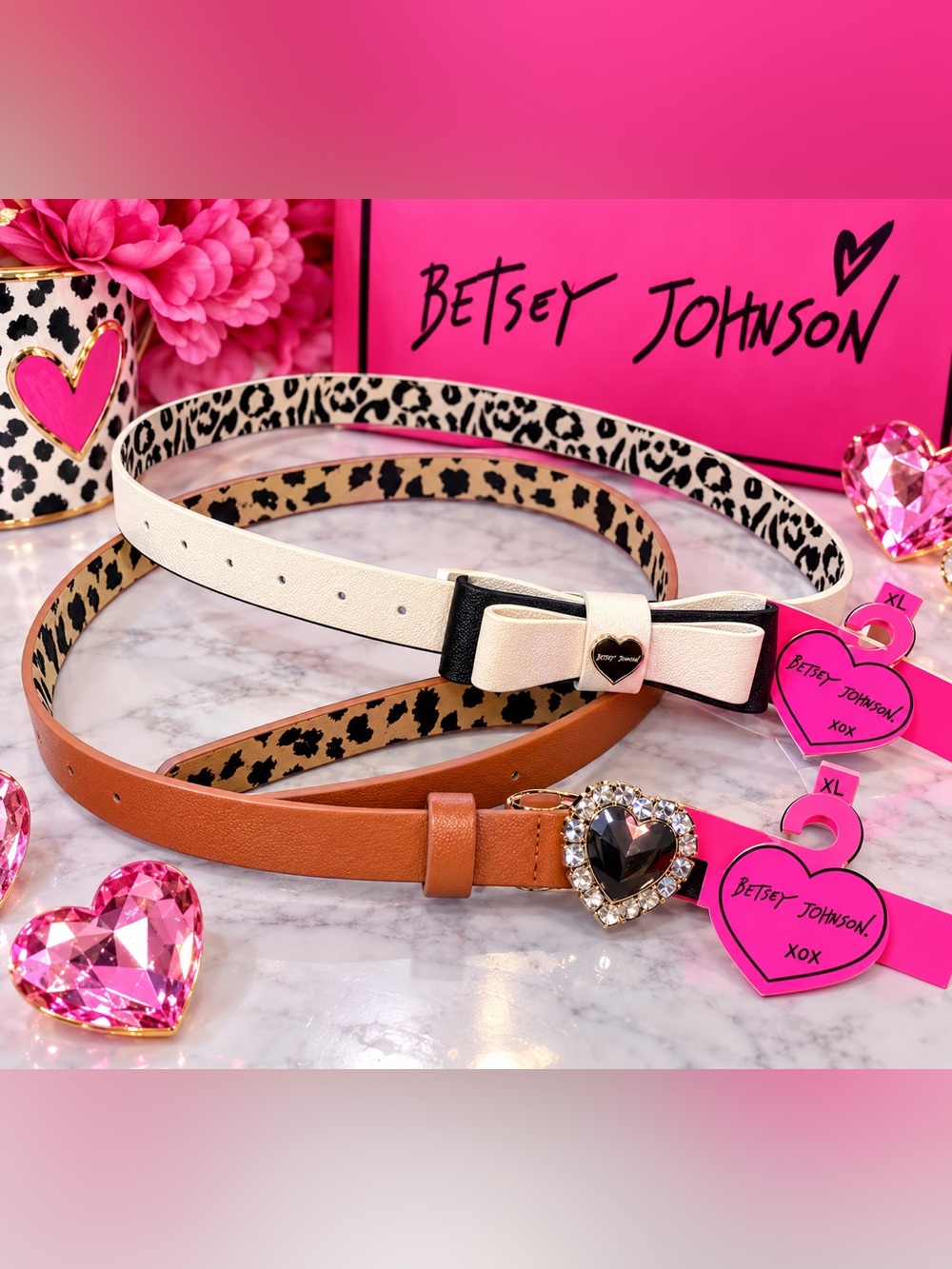 NWT Betsey Johnson 2pc Skinny Belt Set XL Cream Black & Cognac Leopard Heart